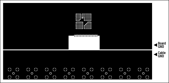 Figure 4-5. DS3154 quad-port, T3 / E3 LIU ground plane {layer two} layoutâ€”no ground plane under the transformer.