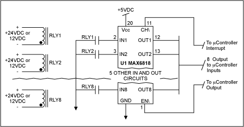 Figure 5. Eight-bit CMOS switch-debouncer circuit for a microcontroller.
