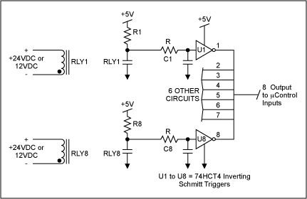 Figure 4. Eight-bit debouncer circuit for a microcontroller.