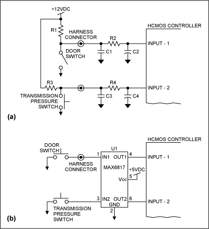 Figure 8. Discrete-component, HCMOS input-protection and debounce-interface circuit (a) and single-IC, HCMOS input-protection and debouncer-interface circuit (b).