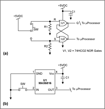 Figure 2. Single-switch R-S latch CMOS switch-debouncer circuit (a) and single-switch CMOS switch-debouncer circuit (b).