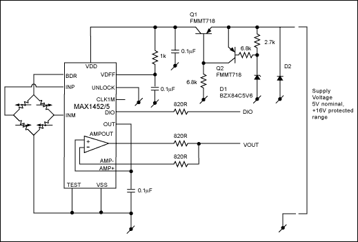 Figure 6. Fully protected, sensor signal conditioner circuit withstands the application of Â± 16V to any wiring connection.