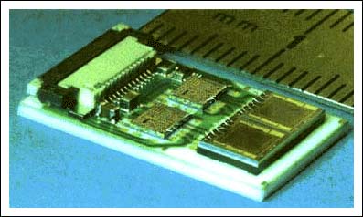 Figure 5. Built with multi-chip-module (MCM) technology, the pressure-sensor module measures 12x19mm.