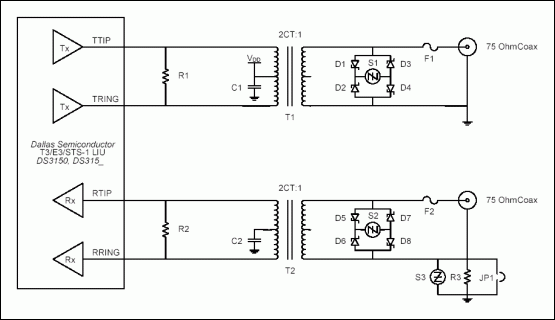 Figure 1. Recommended metallic surge-protection circuit for T3 / E3 / STS-1.