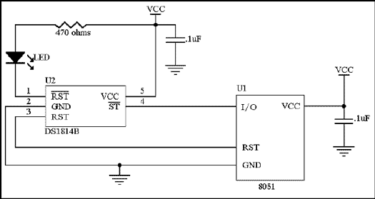 Figure 3. Application of the DS1814B connected to an 8051 microprocessor.