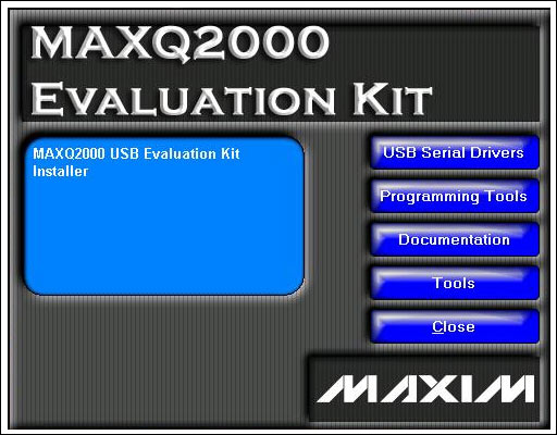 Figure 2. The main menu of the MAXQ2000 evaluation kit