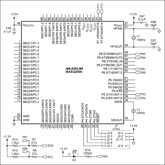 Figure 3. This schematic (based on the MAXQ2000 low-power LCD ÂµC) provides an IÂ²C host capable of operating in standard, fast, or Hs mode