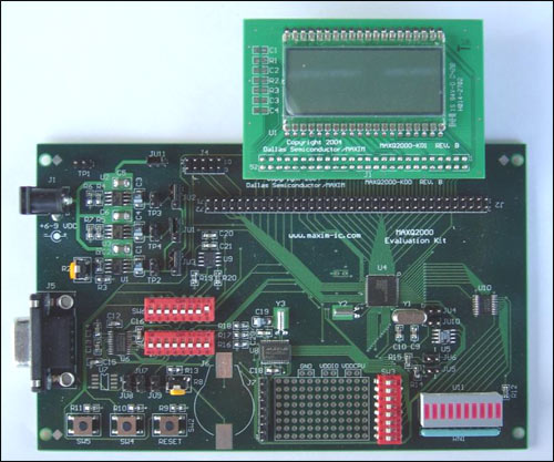 Figure 1. The MAXQ2000 evaluation board with the LCD board installed