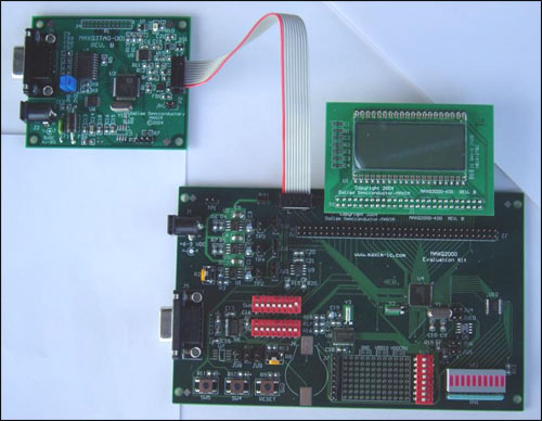 Figure 2. MAXQ2000 evaluation board and JTAG board connection