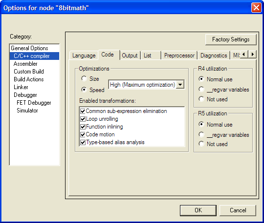 Figure 4. Options for the IAR compiler: all optimizations are enabled. The radio button switches the compiler between optimizing for speed and for size.