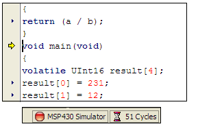 Figure 3. When the Rowley simulator stops at main (), reset the cycle counter (the picture with the hourglass) by double-clicking on it.