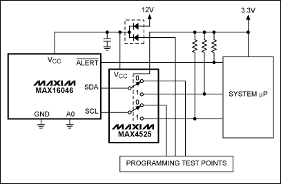 Figure 1. The MAX16046 shares its IÂ²C bus through the MAX4525 multiplexer / switch