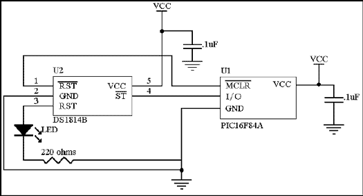 Figure 2. Application of the DS1814B connected to a PIC microprocessor.