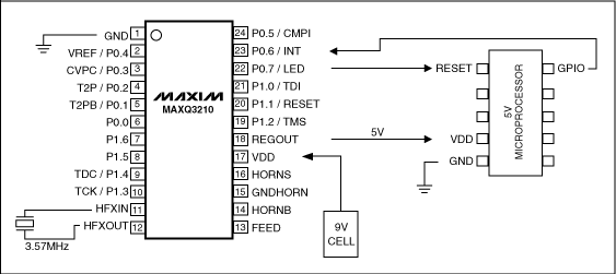 Figure 1. Schematic diagram of using the MAXQ3210 to power a 5V microprocessor