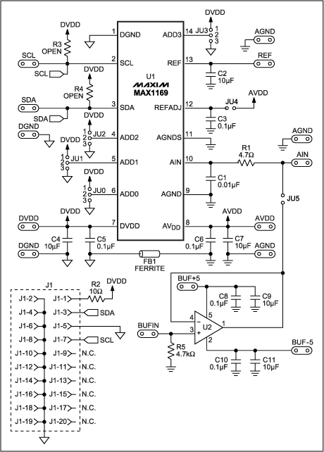 Figure 1. Schematic of the MAX1169 evaluation board