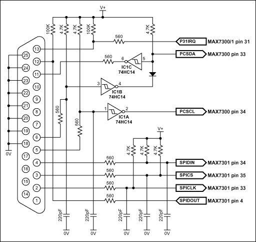 Figure 1. Connection of MAX7300 and MAX7301 to parallel port