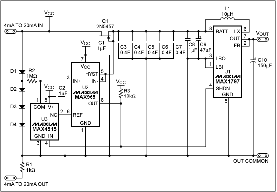 Figure 1. A 2F capacitor bank (C3-C7) stores energy for later use. The boost converter (U1) generates a + 3.3V supply capable of delivering 250mA for up to 2.8 seconds.