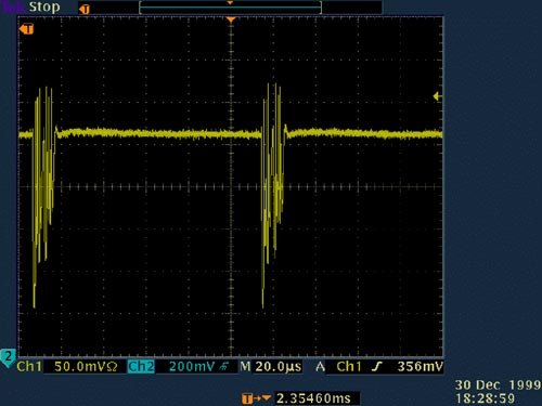 Figure 4. Transceiver power flowing through the cable inductance causes ringing, unless you provide adequate decoupling.