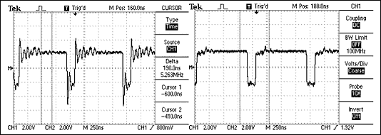 Figure 13. An RS-485 network that has a 10-foot stub (top) and its resultant waveform (left), compared to a waveform obtained with a short stub (right).