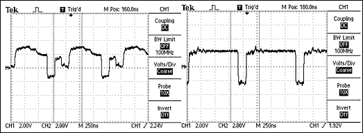 Figure 11. An RS-485 network with the termination resistor placed at the wrong location (top) and its resultant waveform (left), compared to a properly terminated network (right).