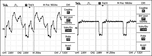 Figure 10. An unterminated RS-485 network (top) and its resultant waveform (left), compared with a waveform obtained from a correctly terminated network (right).