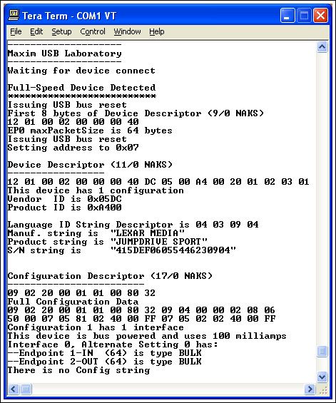 Figure 1. The MAX3421 host / ARM retrieves enumerated data from any USB peripheral and connects to the PC running a terminal emulation program via the serial port to report the results.