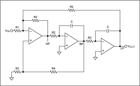 Figure 3. Three amplifier state-variable biquad.