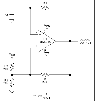 Figure 5. Analog-comparator oscillators produce an arbitrary output frequency of fOUT = 1 / R1C1.