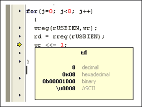 Figure 10. Rowley CrossStudio development tool using MAXQ2000 microcontroller, single-step execution, check variable values. Point the cursor to "rd" and its value will pop up.