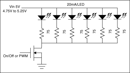 Figure 1. Most applications simply use a fixed bias voltage (5V in this example) and a ballast resistor (75Î© in this example) to obtain an approximately matched white LED brightness.