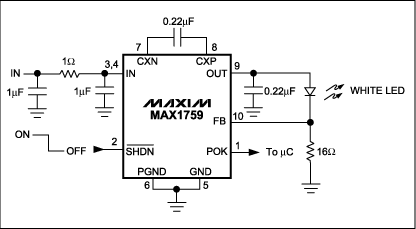 Figure 1. Unorthodox connections enable this regulated charge-pump IC to directly regulate the bias current of the white LED.