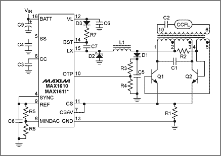 Figure 1. The CCFL circuit requires a transformer to provide high voltage to the fluorescent tube.