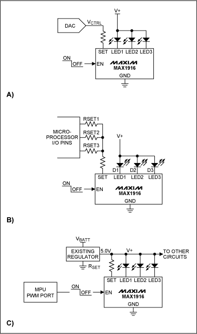 Figure 5. Three current regulation methods when the MAX1916 drives white LEDs.