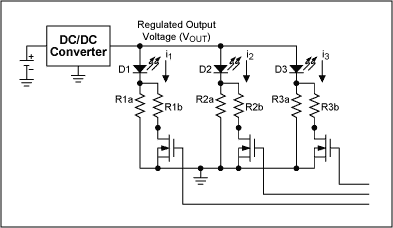 Figure 10. Using MOSFET to control resistors R1b to R3b in parallel with R1a to R3a for brightness adjustment