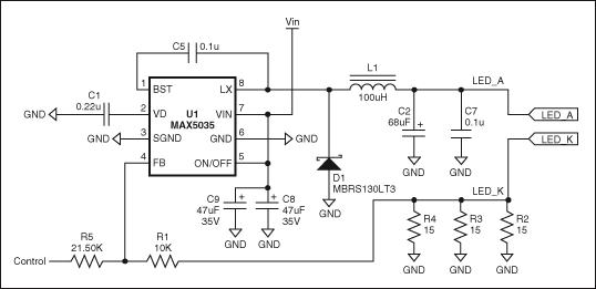 Figure 1. By adjusting the control voltage (0V to 3.9V), the MAX5035 LED current driver can produce an output current of approximately 350mA to 0mA at the LED_A and LED_K terminals.