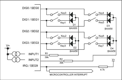 Figure 1. Standard 8-key connection of the MAX6959 LED display driver
