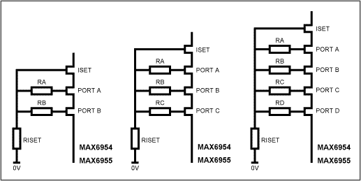 Figure 1. Adding two, three, or four extra resistors to unused ports to build a global intensity control DAC.
