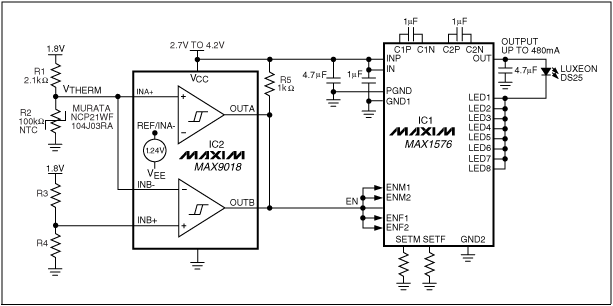 Figure 1. The circuit drives a high-power WLED. When the temperature is too high and the thermistor has an open or short circuit fault, the LED will be turned off.