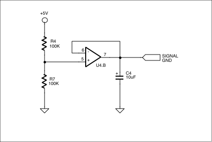 Figure 5. Since this is a single-supply circuit, this circuitry creates a virtual, or signal, ground for the rest of the circuitry. U4 is a TLC274 single-supply op amp.
