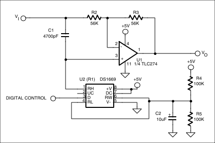 Figure 3. Replacing R1 with a digital potentiometer causes the phase shift the circuit realizes to be under digital control.