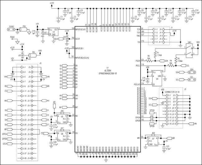 Figure 4. According to the configuration shown in the circuit, the DI2CM IP core in the Altera EPM3256AQC208-10 CPLD can implement the Hs mode IÂ²C host