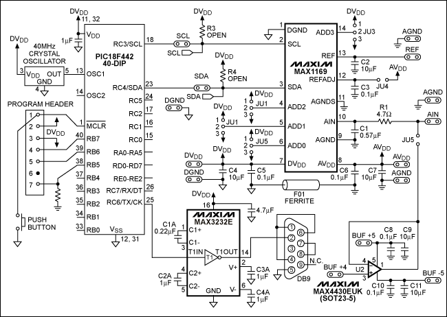 Figure 2. PIC18F442 ÂµC built-in IÂ²C interface to 16-bit ADC (MAX1169)