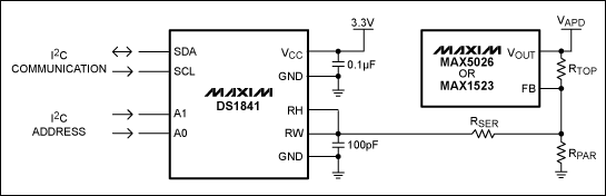 Figure 1. APD bias circuit using DS1841 and a boost DC-DC converter (here MAX5026 or MAX1523)