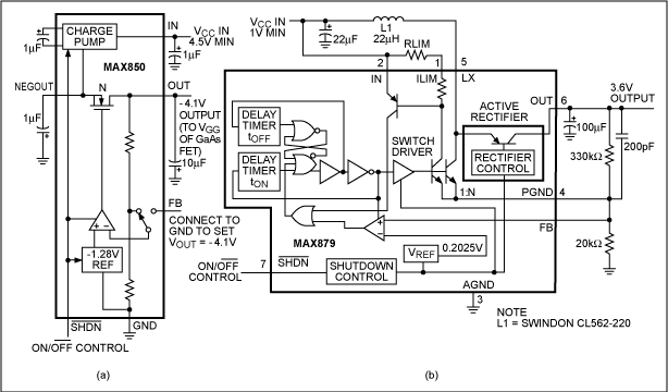 Figure 6. A free-running charge-pump circuit (a) can develop negative voltages to bias a GaAs FET in a wireless PCMCIA card. A step-up / step-down converter (b) generates intermediate voltages from 3V to 5V.