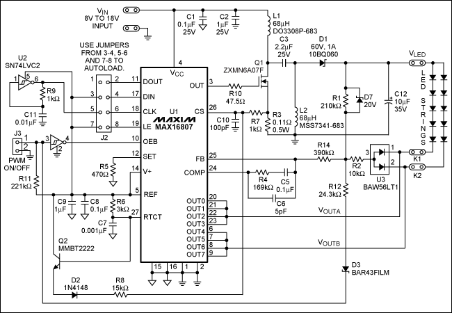 Figure 2. Schematic for the Figure 1 circuit using the MAX16807 SEPIC LED driver (VIN = 8V to 18V, VLED = 22V [adaptive], ILED = 150mA / string).