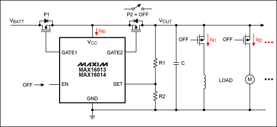 Figure 9. The MAX1613 / MAX16014 are used as the main switch to reduce quiescent current consumption if an ECU is in OFF mode.