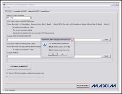 Figure 2. The main software window that appears when the Yes button is clicked indicates that the MAX9257 is waked up remotely by the ECU. Once the ECU wakes up the MAX9257, TxIN, RxOUT and CCEN are all high.