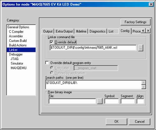 Figure 4. Configure linker options for the project on this screen display.
