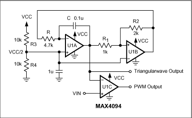 Figure 1. This 3-op-amp circuit produces a triangular wave and a variable-pulsewidth output.