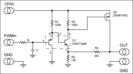 Figure 1. A simple circuit that converts a low-voltage PWM signal into an amplified, buffered linear output.